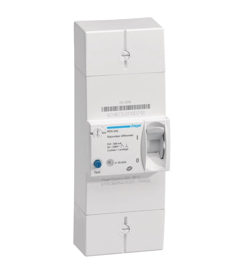Disjoncteur de branchement différentiel 2 pôles 15/45 A 500 mA instantané Hager HDA245