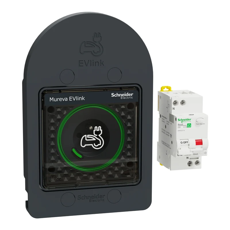Kit Mureva EVlink - prise courant 2P+T renforcée pour véhicule électrique avec disjoncteur - IP66 gris - Schneider MUR36016