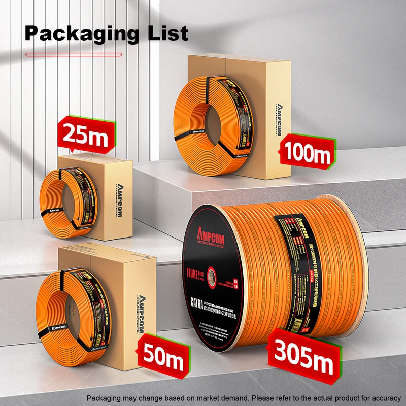 AMCPOM Cat6A Bulk Network Cable, 0.58±0.01mm Pure Copper Stranded Wire, 500MHz, Unshielded (UTP), Orange LSZH Sheath, 1000ft (305m) / Reel