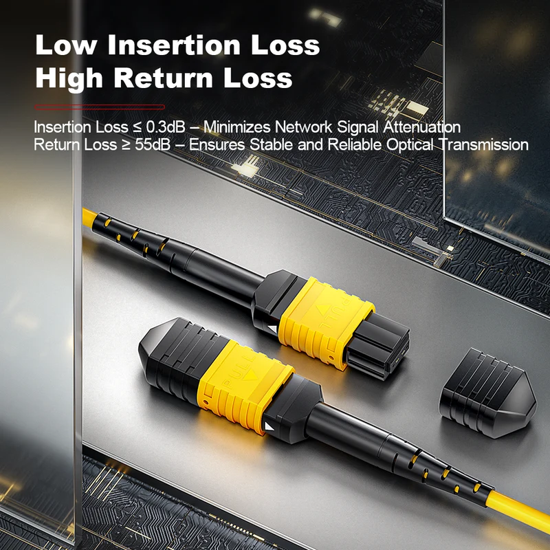 AMPCOM MPO-24 Trunk Cable, MPO-24 APC (Female) to MPO-24 APC (Female), 24 Fibers, OS2 9/125μm, LSZH/Riser, 0.35dB Max, Yellow