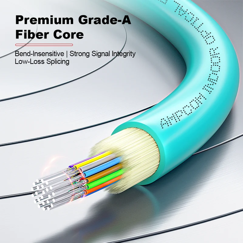 AMPCOM MPO-24 Jumper, Multimode OM3 50/125µm 24 Fibers Optic Cable, MPO APC (Female) to MPO APC (Female), Aqua LSZH Jacket