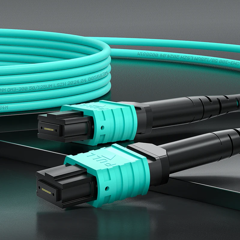 AMPCOM MPO-24 Jumper, Multimode OM3 50/125µm 24 Fibers Optic Cable, MPO APC (Female) to MPO APC (Female), Aqua LSZH Jacket
