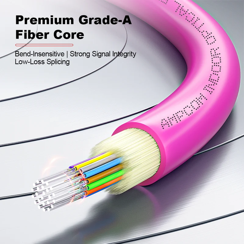 AMPCOM MPO Trunk Cable, MPO-12 APC (Female) to MPO-12 APC (Female), 12 Fibers, Multimode (OM4), LSZH/Riser, 0.35dB Max, Magenta