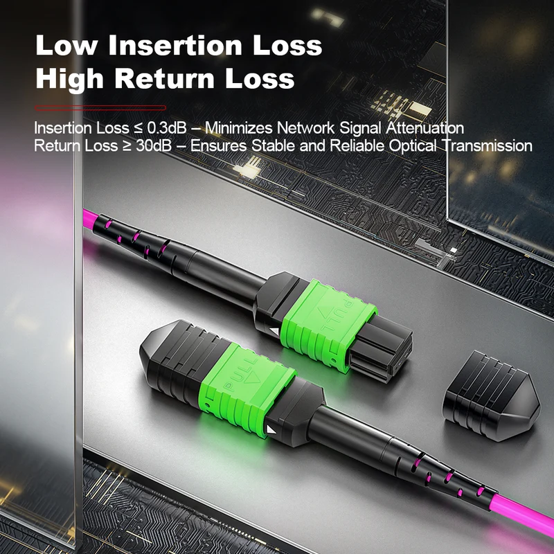 AMPCOM MPO Trunk Cable, MPO-8 APC (Female) to MPO-8 APC (Female), 8 Fibers, Multimode (OM4), LSZH/Riser, 0.35dB Max, Magenta