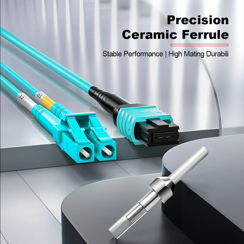 AMPCOM MPO-12 Harness, Multimode OM3 50/125µm 12 Fibers Optic Cable, MPO APC (Female) to 6 x LC APC Duplex, Aqua LSZH Jacket