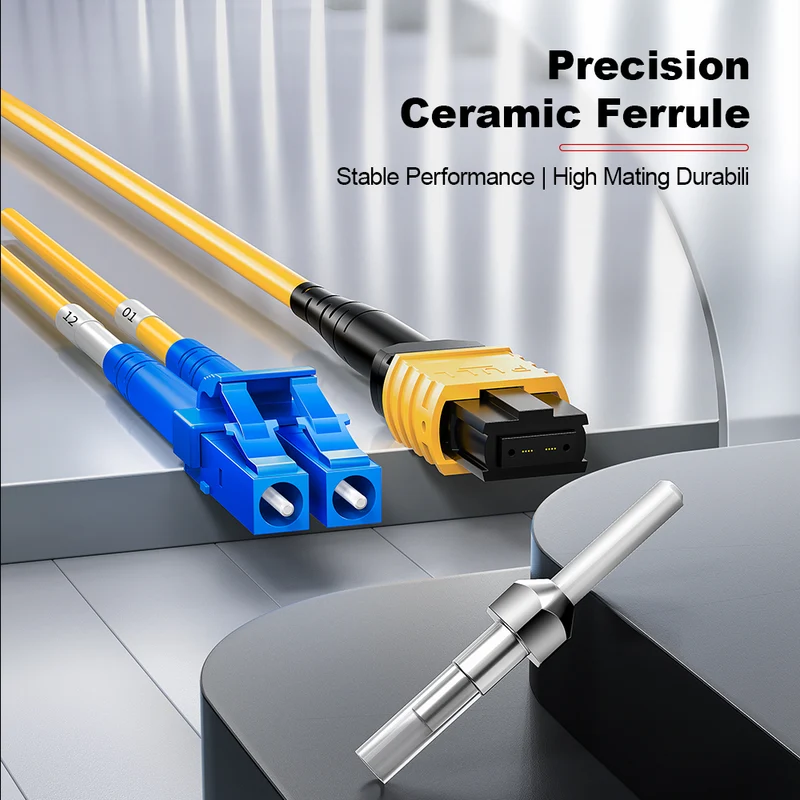 AMPCOM MPO-8 Harness, Single Mode (OS2 9/125μm) 8 Fibers Optic Cable, MPO APC (Female) to 4 x LC APC Duplex, Yellow LSZH Jacket