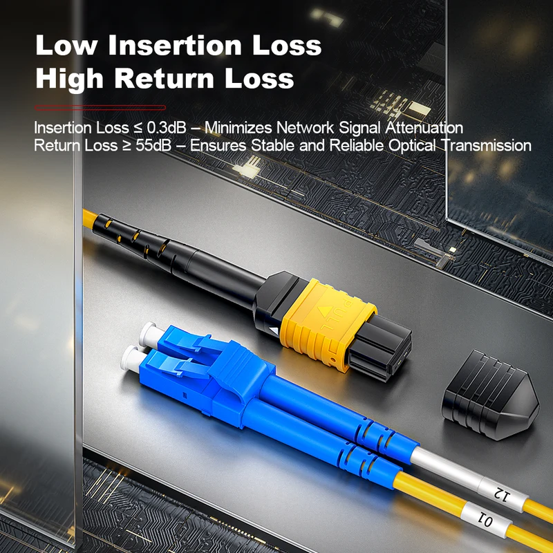 AMPCOM MPO-8 Harness, Single Mode (OS2 9/125μm) 8 Fibers Optic Cable, MPO APC (Female) to 4 x LC APC Duplex, Yellow LSZH Jacket