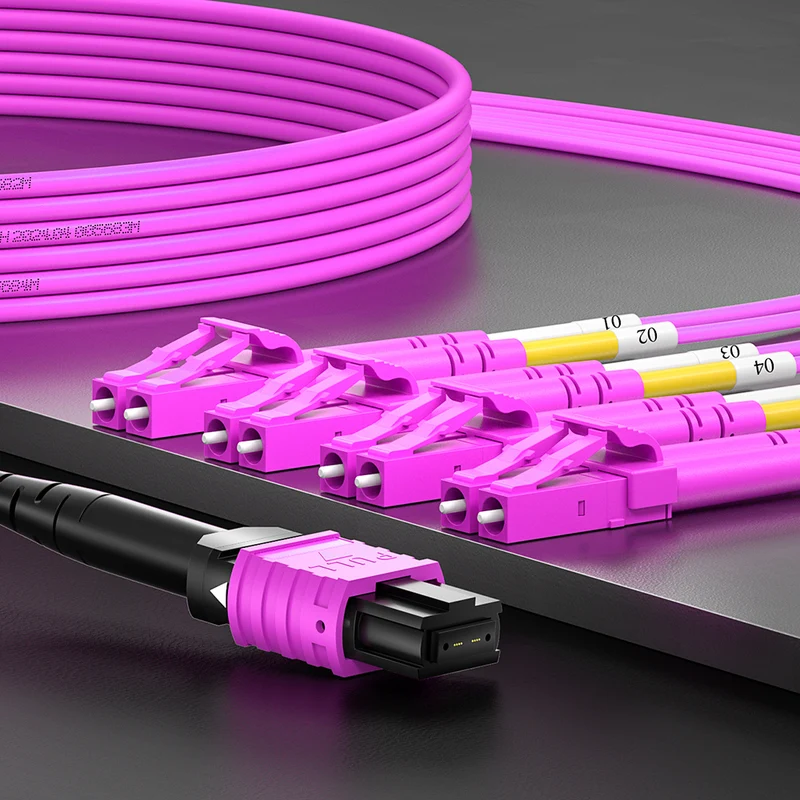 AMPCOM MPO-8 Harness, Multimode OM4 50/125µm 8 Fibers Optic Cable, MPO APC (Female) to 4 x LC APC Duplex, Magenta LSZH Jacket