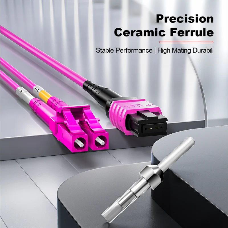 AMPCOM MPO-8 Harness, Multimode OM4 50/125µm 8 Fibers Optic Cable, MPO APC (Female) to 4 x LC APC Duplex, Magenta LSZH Jacket