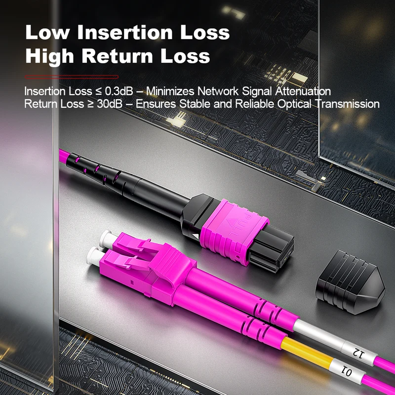 AMPCOM MPO-8 Harness, Multimode OM4 50/125µm 8 Fibers Optic Cable, MPO APC (Female) to 4 x LC APC Duplex, Magenta LSZH Jacket