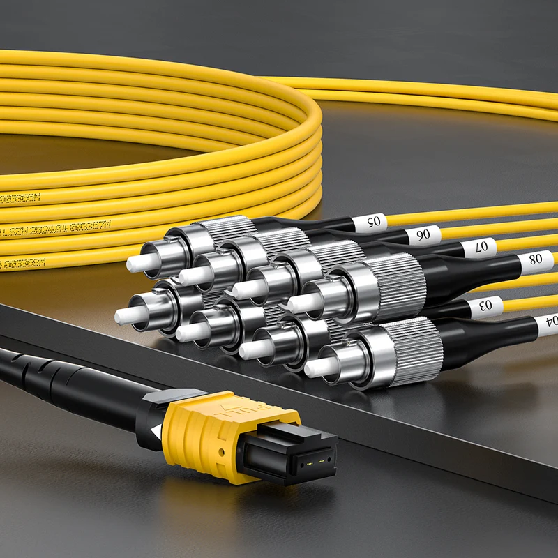 AMPCOM MPO-8 Harness, Single Mode (OS2 9/125μm) 8 Fibers Optic Cable, MPO APC (Female) to 8 x FC APC, Yellow LSZH Jacket