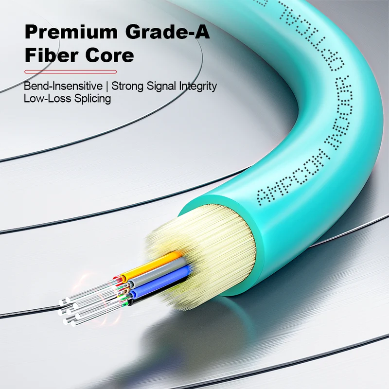 AMPCOM MPO-8 Harness, Multimode OM3 50/125µm 8 Fibers Optic Cable, MPO APC (Female) to 8 x FC APC, Aqua LSZH Jacket