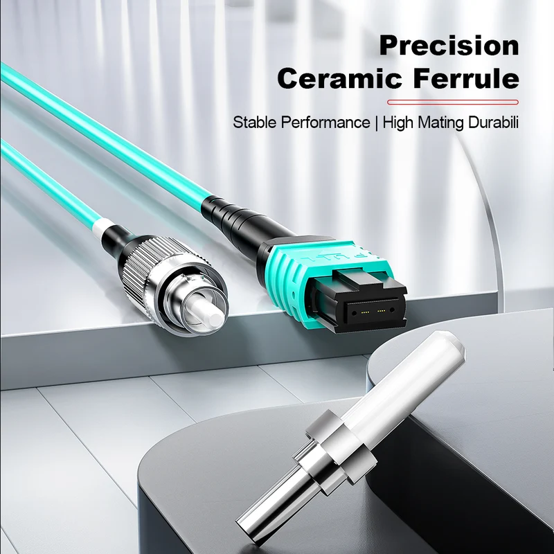 AMPCOM MPO-8 Harness, Multimode OM3 50/125µm 8 Fibers Optic Cable, MPO APC (Female) to 8 x FC APC, Aqua LSZH Jacket