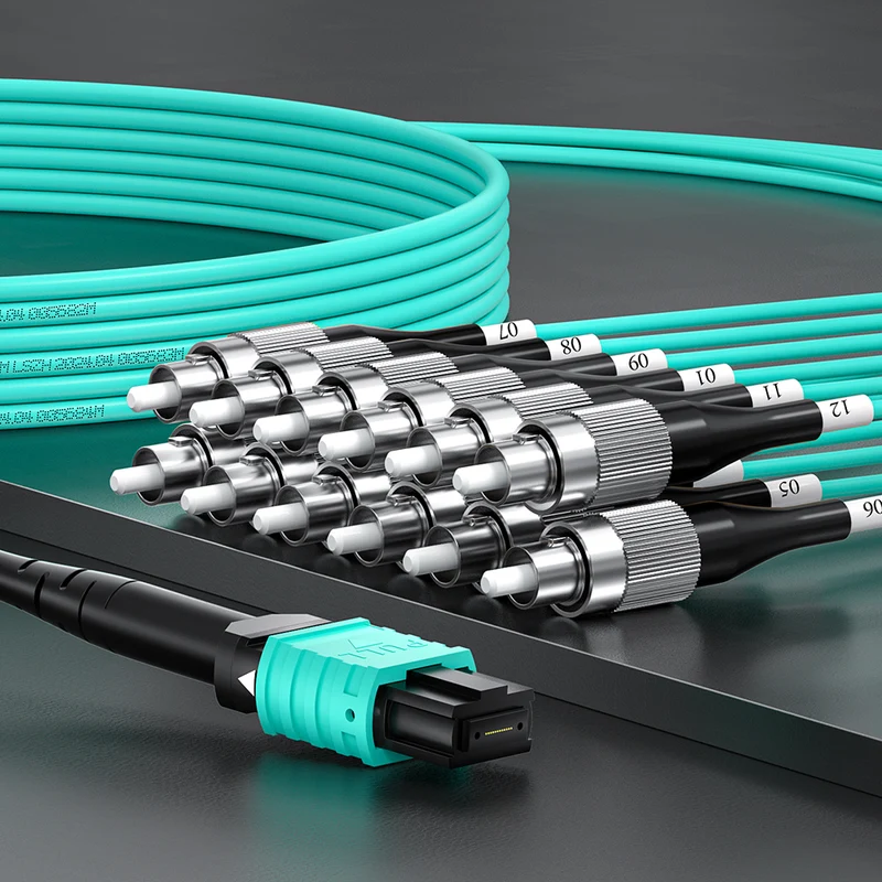AMPCOM MPO-12 Harness, Multimode OM3 50/125µm 12 Fibers Optic Cable, MPO APC (Female) to 12 x FC APC, Aqua LSZH Jacket
