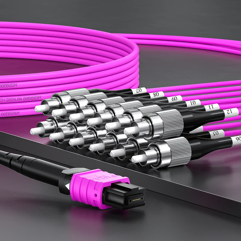 AMPCOM MPO-12 Harness, Multimode OM4 50/125µm 12 Fibers Optic Cable, MPO APC (Female) to 12 x FC APC, Magenta LSZH Jacket
