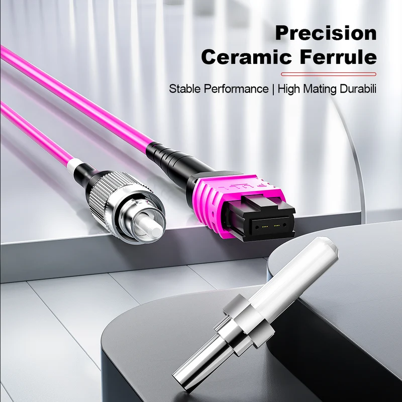 AMPCOM MPO-8 Harness, Multimode OM4 50/125µm 8 Fibers Optic Cable, MPO APC (Female) to 8 x FC APC, Magenta LSZH Jacket