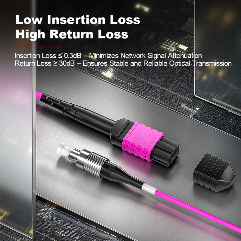 AMPCOM MPO-8 Harness, Multimode OM4 50/125µm 8 Fibers Optic Cable, MPO APC (Female) to 8 x FC APC, Magenta LSZH Jacket