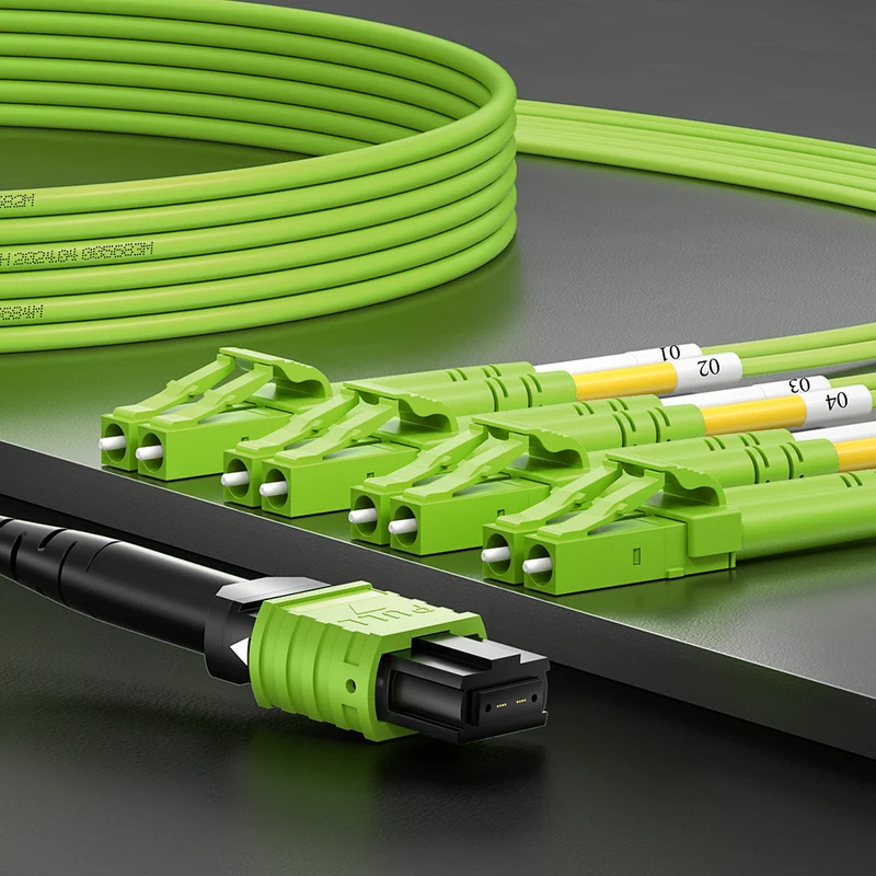 AMPCOM MPO-8 Harness, Multimode OM5 50/125µm 8 Fibers Optic Cable, MPO APC (Female) to 4 x LC APC Duplex, Green LSZH Jacket