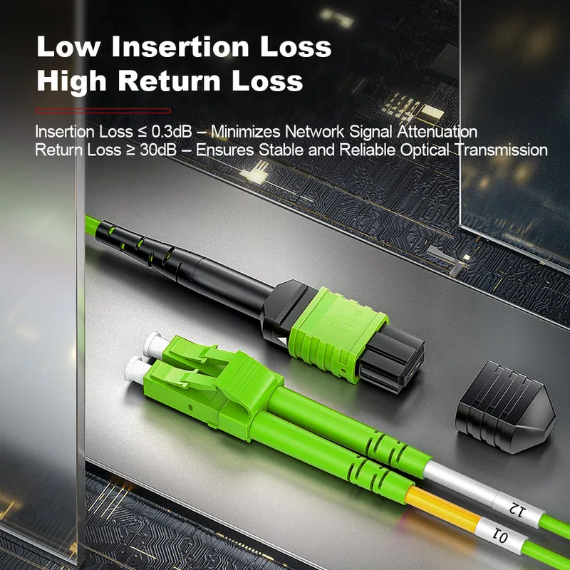 AMPCOM MPO-12 Harness, Multimode OM5 50/125µm 12 Fibers Optic Cable, MPO APC (Female) to 6 x LC APC Duplex, Green LSZH Jacket