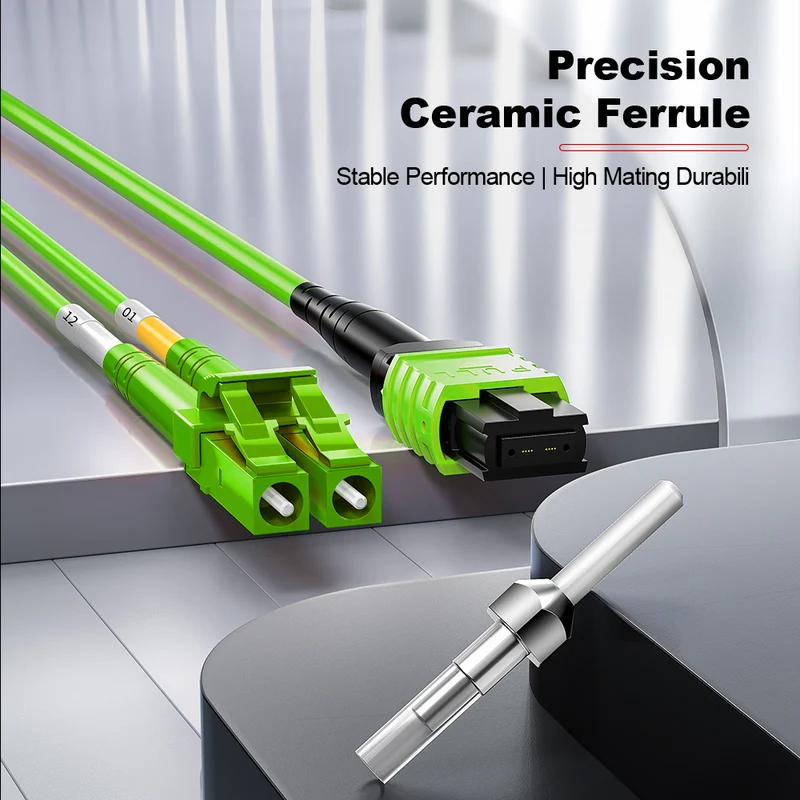 AMPCOM MPO-12 Harness, Multimode OM5 50/125µm 12 Fibers Optic Cable, MPO APC (Female) to 6 x LC APC Duplex, Green LSZH Jacket
