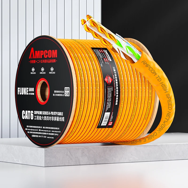 AMCPOM Cat6 Bulk Network Cable, 0.58±0.01mm Pure Copper Stranded Wire, 250MHz, Unshielded (UTP), Orange PVC Sheath, 1000ft (305m) / Reel