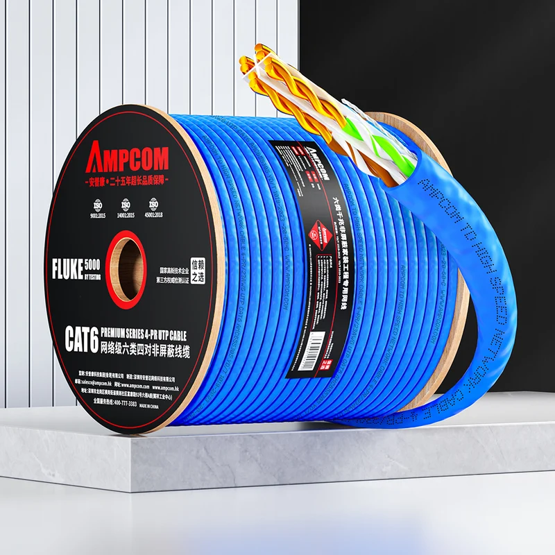AMCPOM Cat6 Bulk Network Cable, 0.57±0.02mm Pure Copper Stranded Wire, 250MHz, Unshielded (UTP), Blue PVC Sheath, 1000ft (305m) / Reel