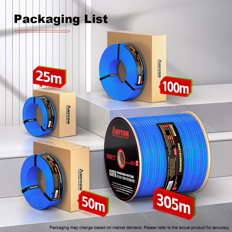 AMCPOM Cat6 Bulk Network Cable, 0.53±0.005mm Pure Copper Stranded Wire, 250MHz, Unshielded (UTP), Blue PVC Sheath, 1000ft (305m) / Reel