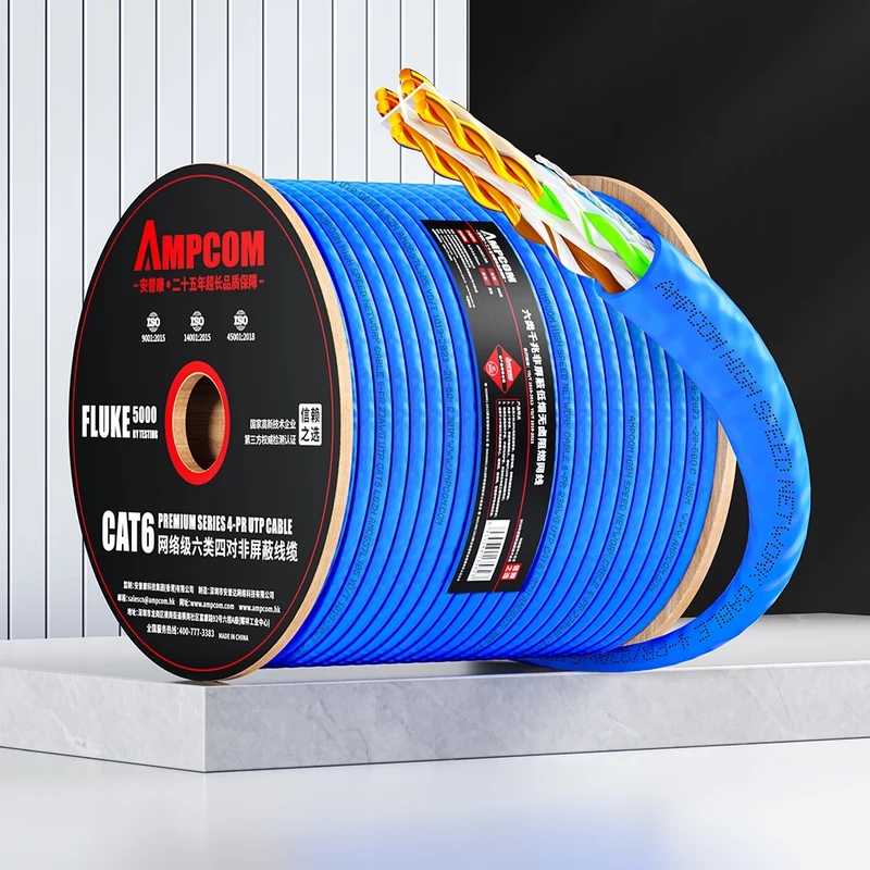 AMCPOM Cat6 Flame-Retardant Bulk Network Cable, 0.57±0.02mm Pure Copper Stranded Wire, 250MHz, Unshielded (UTP), Flame-Retardant Jacket, 1000ft (305m) / Reel