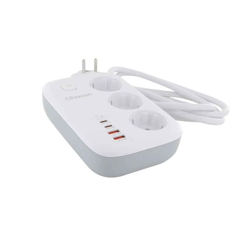 Compact 1.50m power strip with 3 x 16A Schuko, 2USB-C and 2USB-A sockets + switch - Fast charge