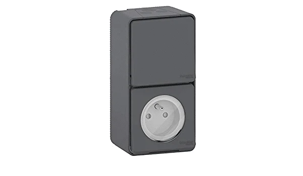Prise de courant 2P+T et interrupteur étanche saillie Mureva Styl - IP55 gris complet - Schneider MUR36025