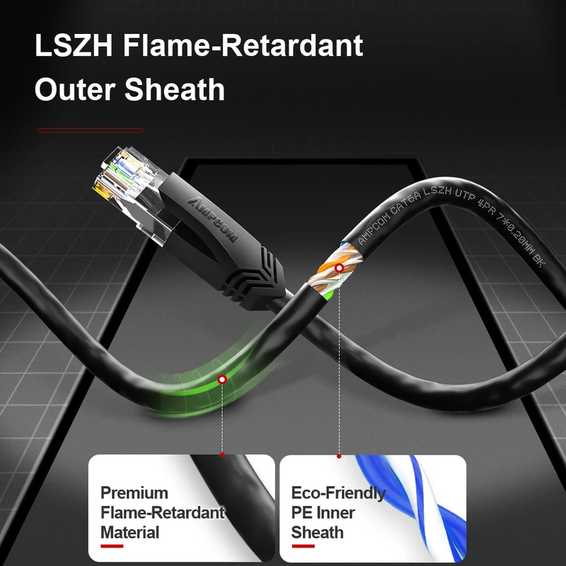 AMPCOM CAT6a 24AWG UTP LSZH Network Patch Cable for Data Center Cabling or Surveillance System Wiring