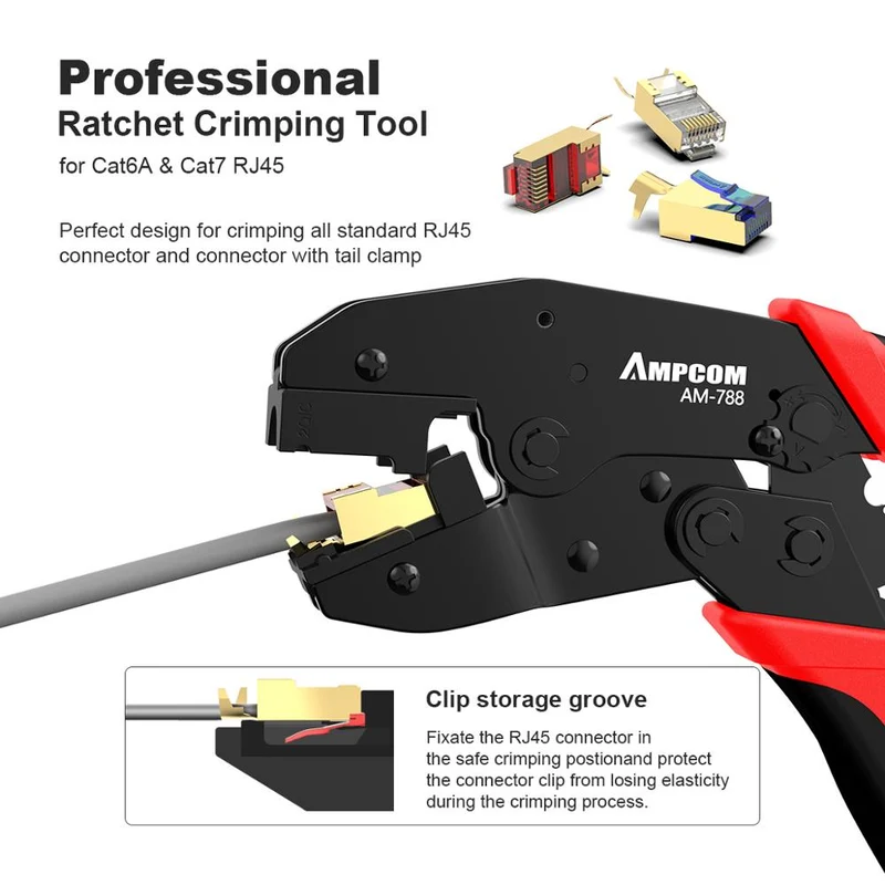AM-788 One-step RJ45 Ratcheting Crimper Network Tool for Cat6A, Cat7 Shielded Connector with 2pcs Replaceable crimping dies