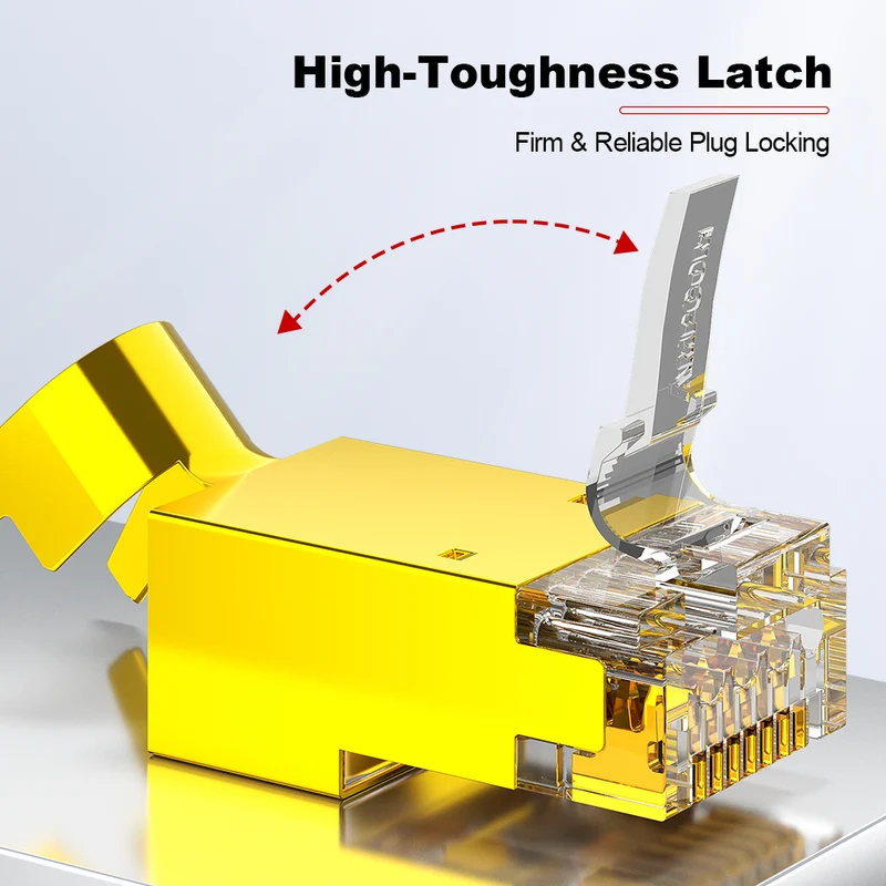 AMPCOM Cat6a W/ Tail Clip Shielded RJ45 Connector, 50μm Gold-Plated Contacts, Gold-Plated Copper Shell, 1.5mm Conductor Hole