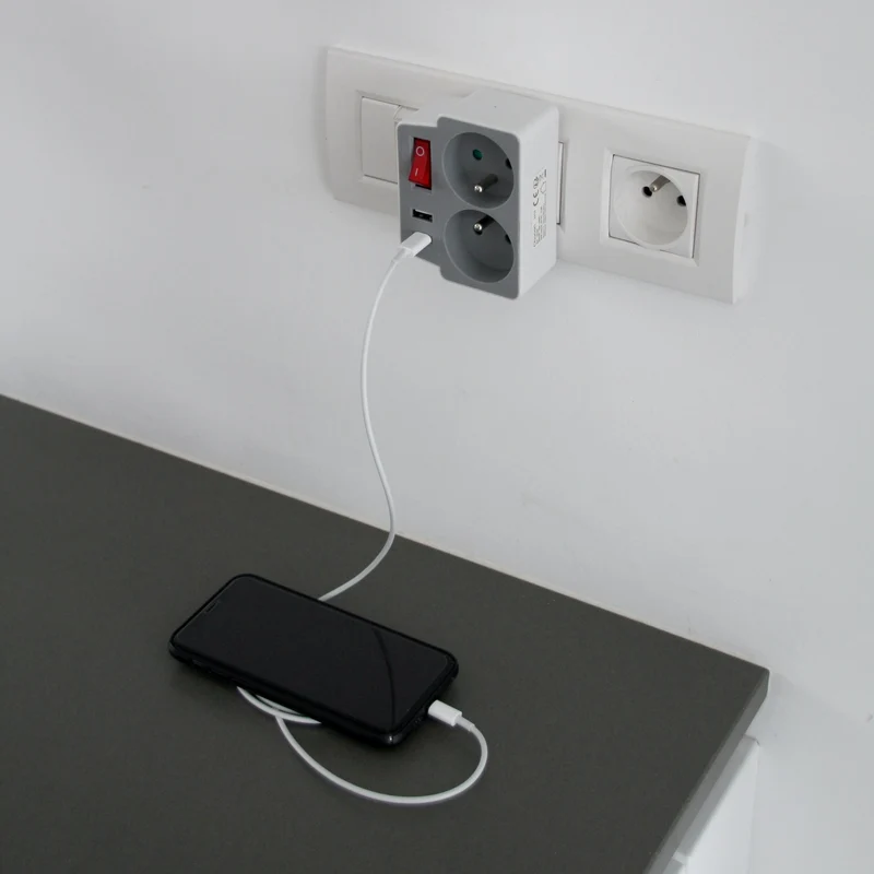 Biplite Domino 2X16A + 1xUSB-A + 1xUSB-C with grey/white switch