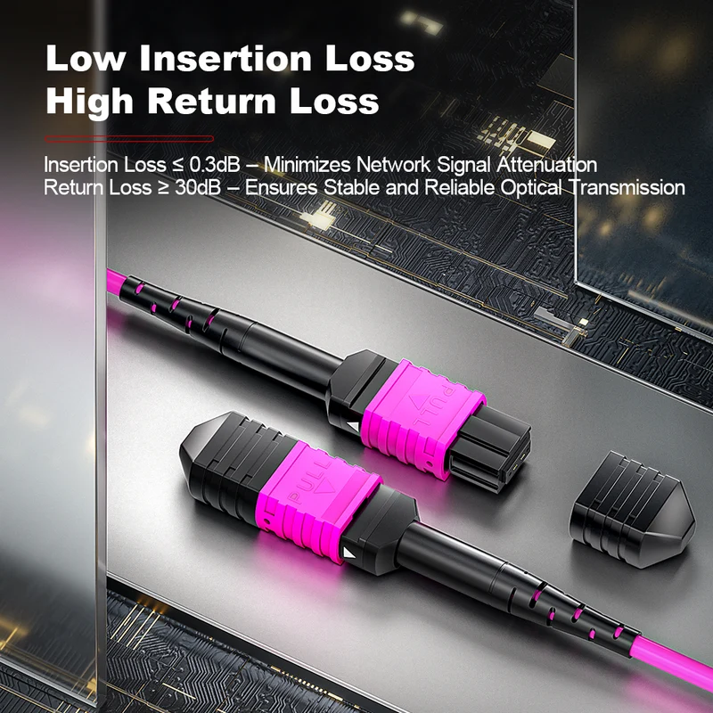 AMPCOM MPO Trunk Cable, MPO-12 UPC (Female) to MPO-12 UPC (Female), 12 Fibers, Multimode (OM4), LSZH/Riser, 0.35dB Max, Magenta