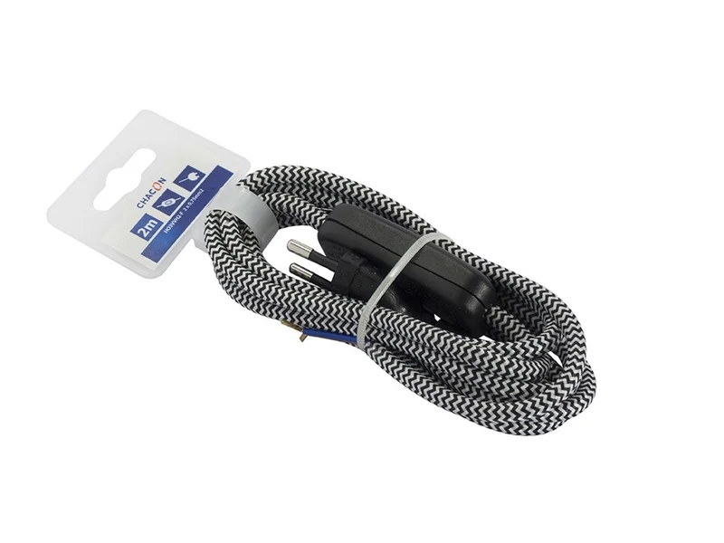 Two-tone fabric cable with switch, 2 m - Black/White