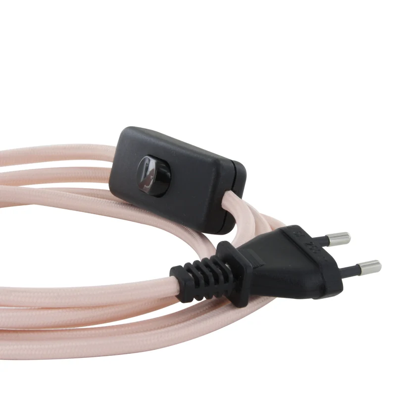 Pale pink fabric cable + switch, 2 m