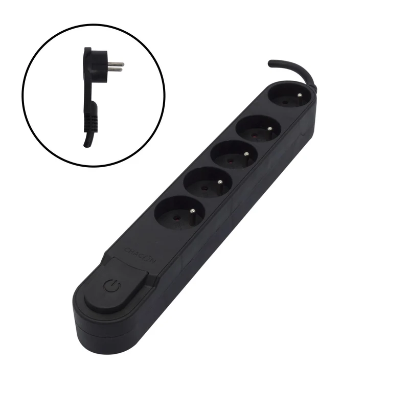 Stylish power strip 5 x 16 A with switch and flat plug - 1. 5 m - Black