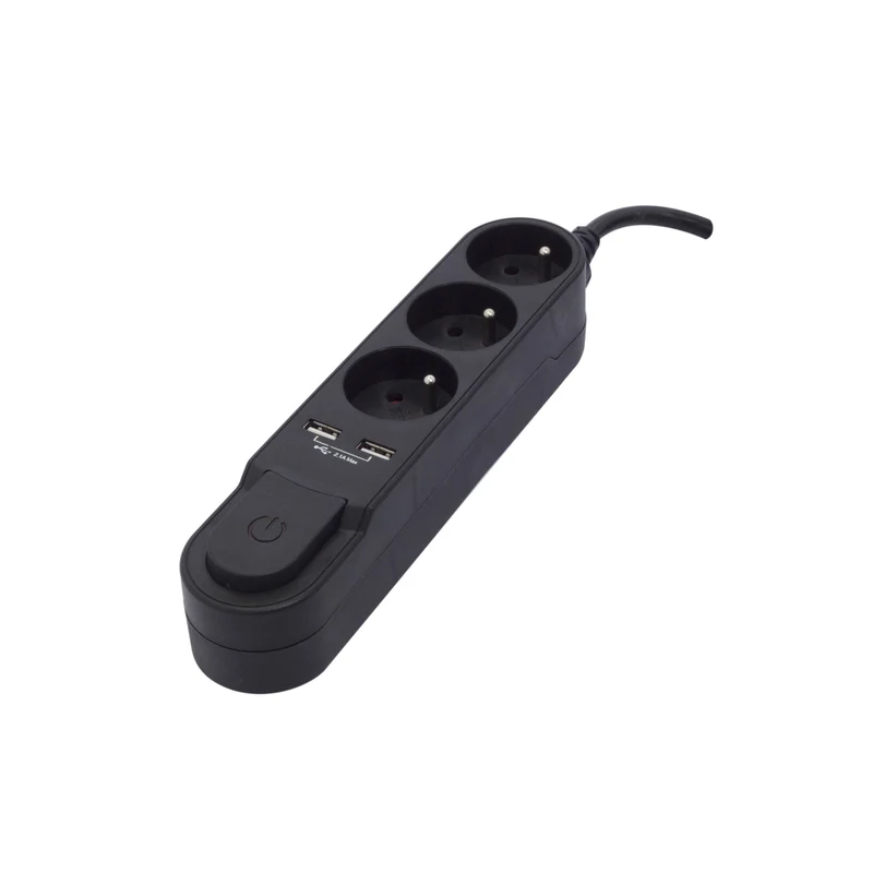 Stylish power strip 3 x 16 A with switch + 2 USB - 3 m - Black