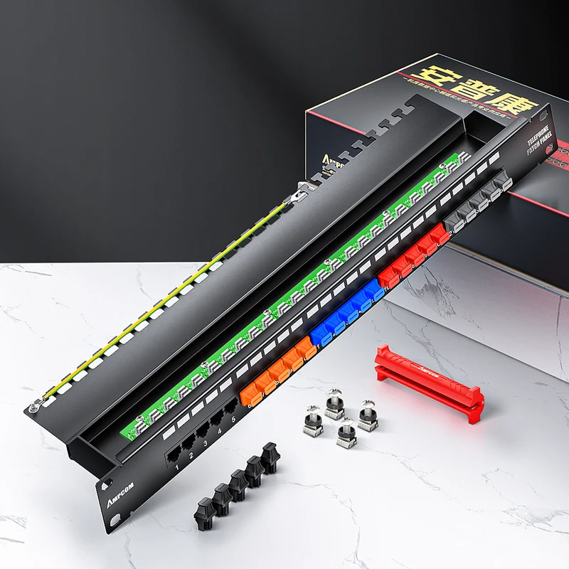 AMPCOM One-Piece PCB RJ11 Voice Patch Panel, 19 Inch Rack Mount, Pure Copper Ground Wire,SPCC Steel