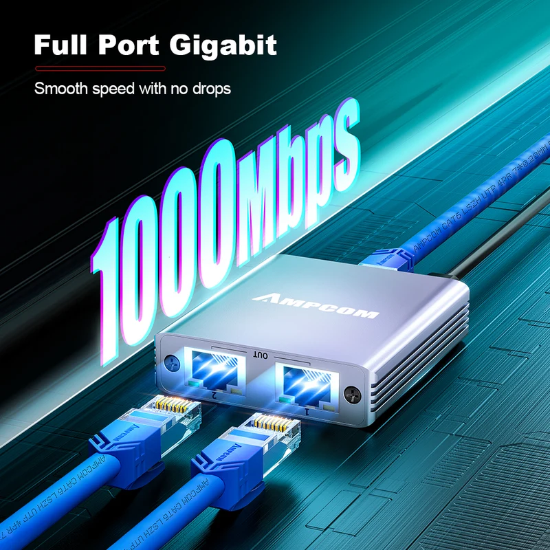 AMPCOM 1-to-4 RJ45 Network Cable Splitter – Gigabit Ethernet Port Expander