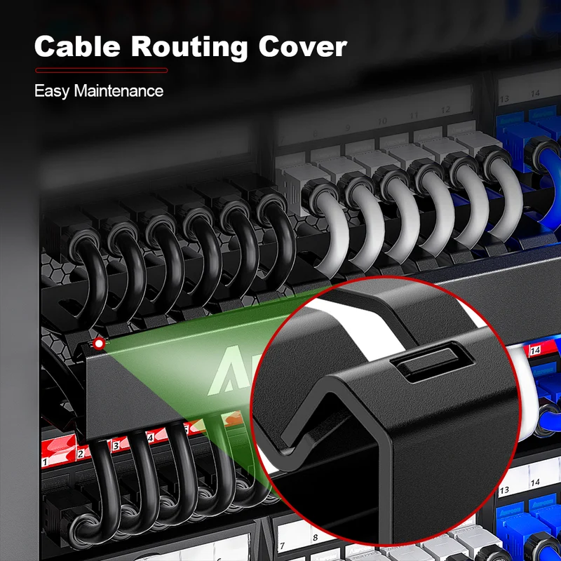 AMPCOM 1U 12-Slot 24-Port Cable Manager, Enlarged Duct, Reinforced Steel, Dual-Hinged Cover