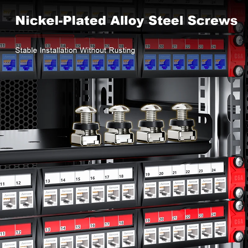 AMPCOM 0.5U 24-Port Shielded Tool-Less Keystone Patch Panel, 19-inch Rack Mount with Cable Management Rings