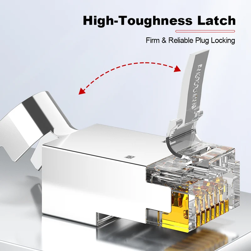 AMPCOM Cat6 W/ Tail Clip Shielded RJ45 Connector, Nickel-Plated Copper Shell, 1.3mm Conductor Hole