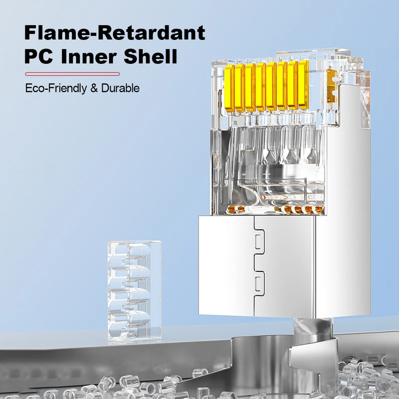 AMPCOM Cat6 W/ Tail Clip Shielded RJ45 Connector, Nickel-Plated Copper Shell, 1.3mm Conductor Hole