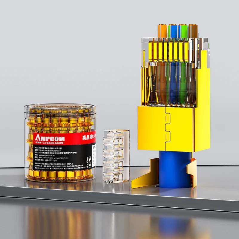 AMPCOM Cat7 Pass-Through W/ Tail Clip Shielded RJ45 Connector, Gold-Plated Copper Shell, 1.5mm Conductor Hole
