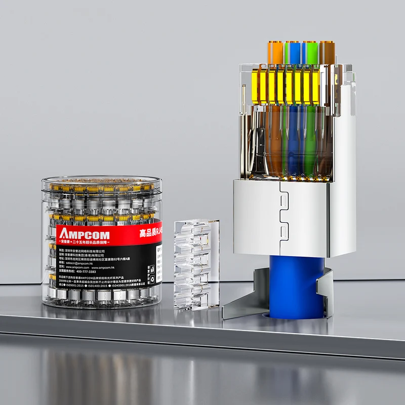 AMPCOM Cat6a Pass-Through W/ Tail Clip Shielded RJ45 Connector, Nickel-Plated Copper Shell, 1.5mm Conductor Hole