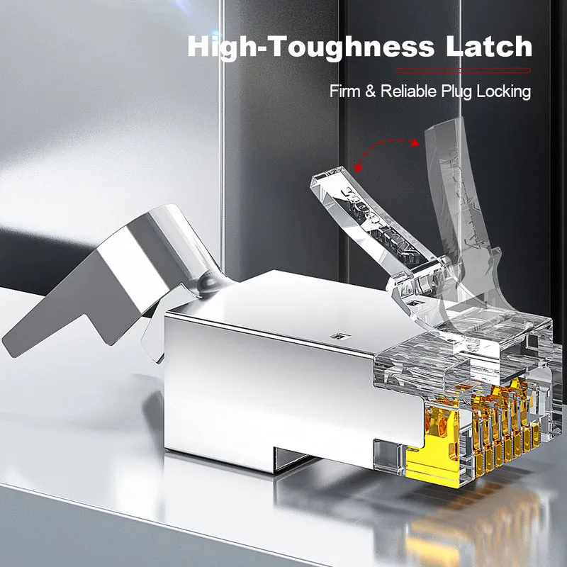 AMPCOM Cat6a Pass-Through W/ Tail Clip Shielded RJ45 Connector, Nickel-Plated Copper Shell, 1.5mm Conductor Hole