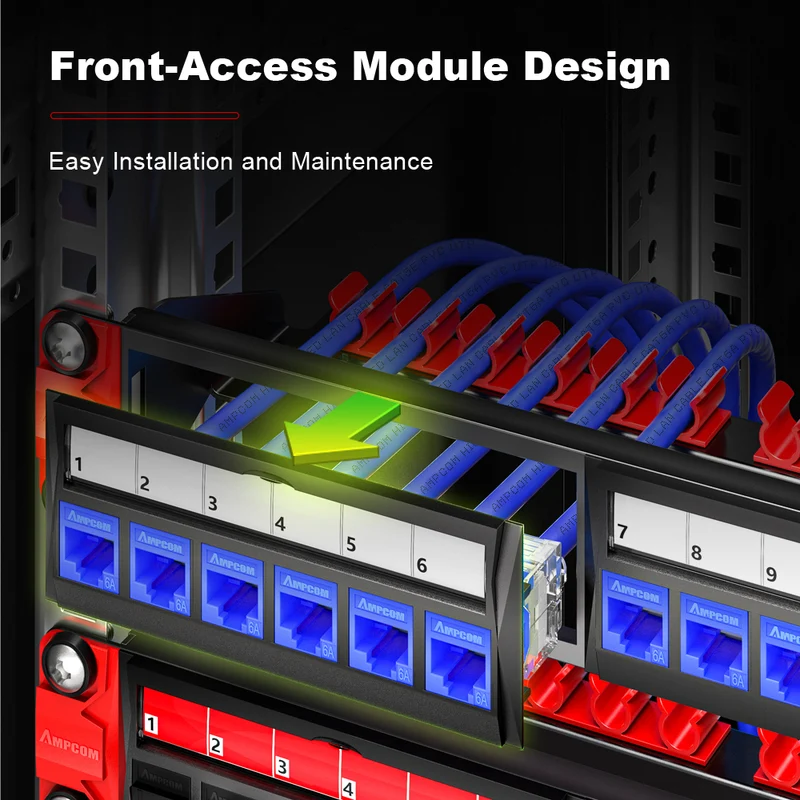 AMPCOM Front-Removable 1U 24-Port Unshielded Tool-Less Keystone Patch Panel, 19-inch Rack Mount with Cable Management Rings