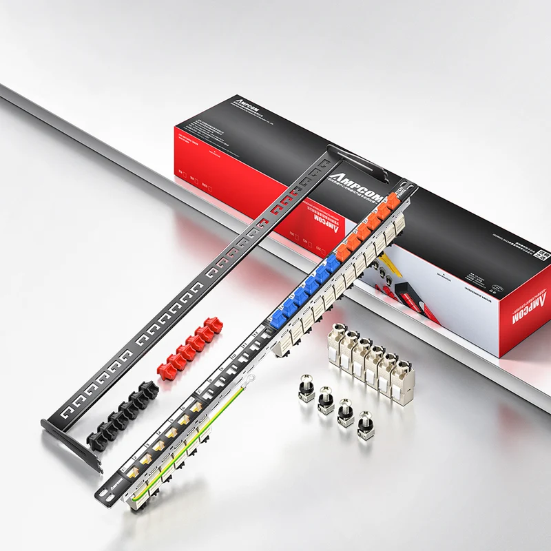 AMPCOM 0.5U 24-Port Shielded Tool-Less Keystone Patch Panel, 19-inch Rack Mount with Cable Management Rings